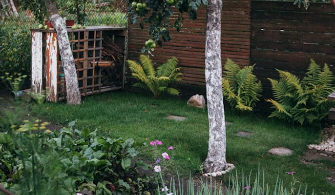 A tranquil garden with a lush tree, a rustic fence, and blooming flowers creating a vibrant atmosphere.